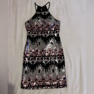 Pink, Black, and White Sequin Geometric Pattern Midi Dress